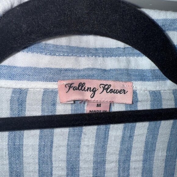 Blue and White stripe shirt dress midi with tan belt size medium 6-8 - Picture 6 of 13